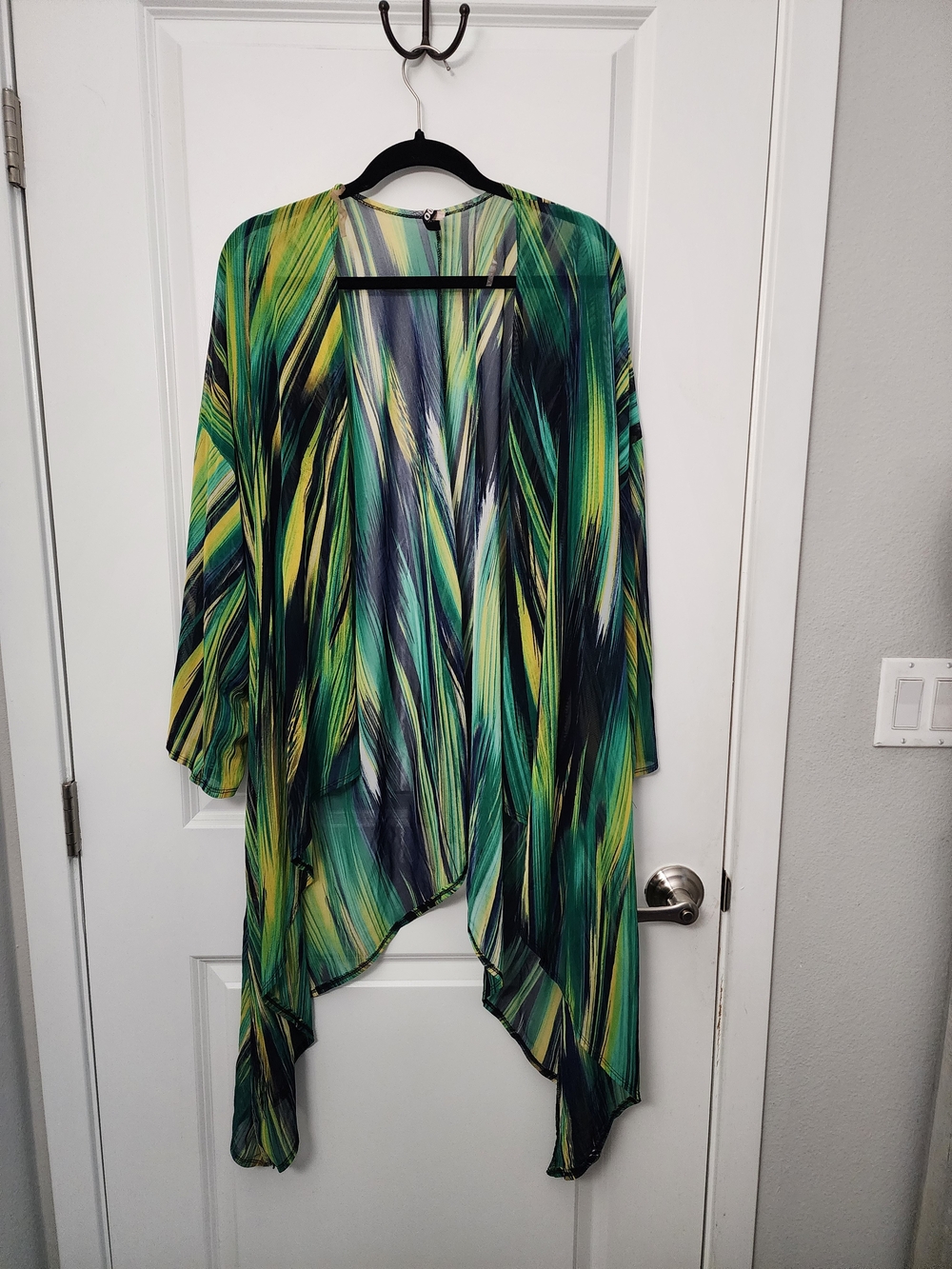 5/$25 Sheer Open Drape Kimono Cardigan in Green & Yellow Brushstroke Print